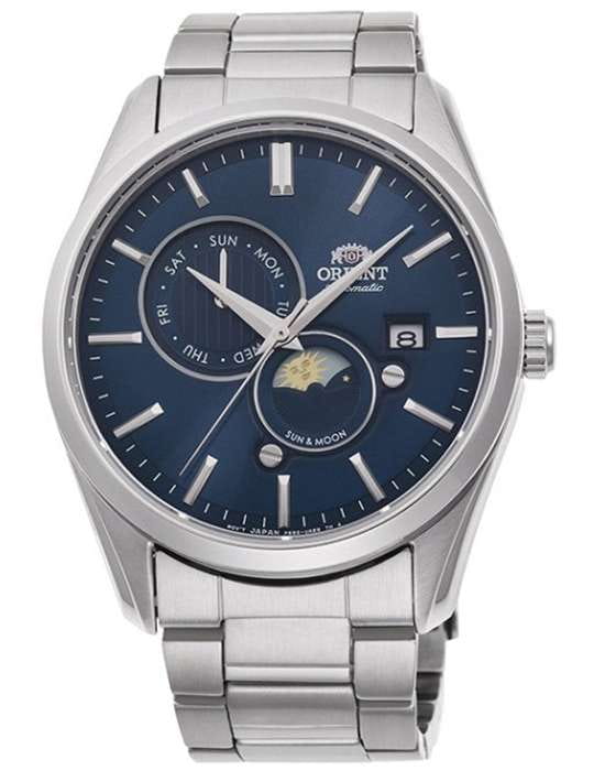 Orient Orient Sun & Moon RA-AK0303L (RN-AK0303L)  RA-AK0303L механические мужские часы синий циферблат, браслет нержавеющая сталь — вид спереди