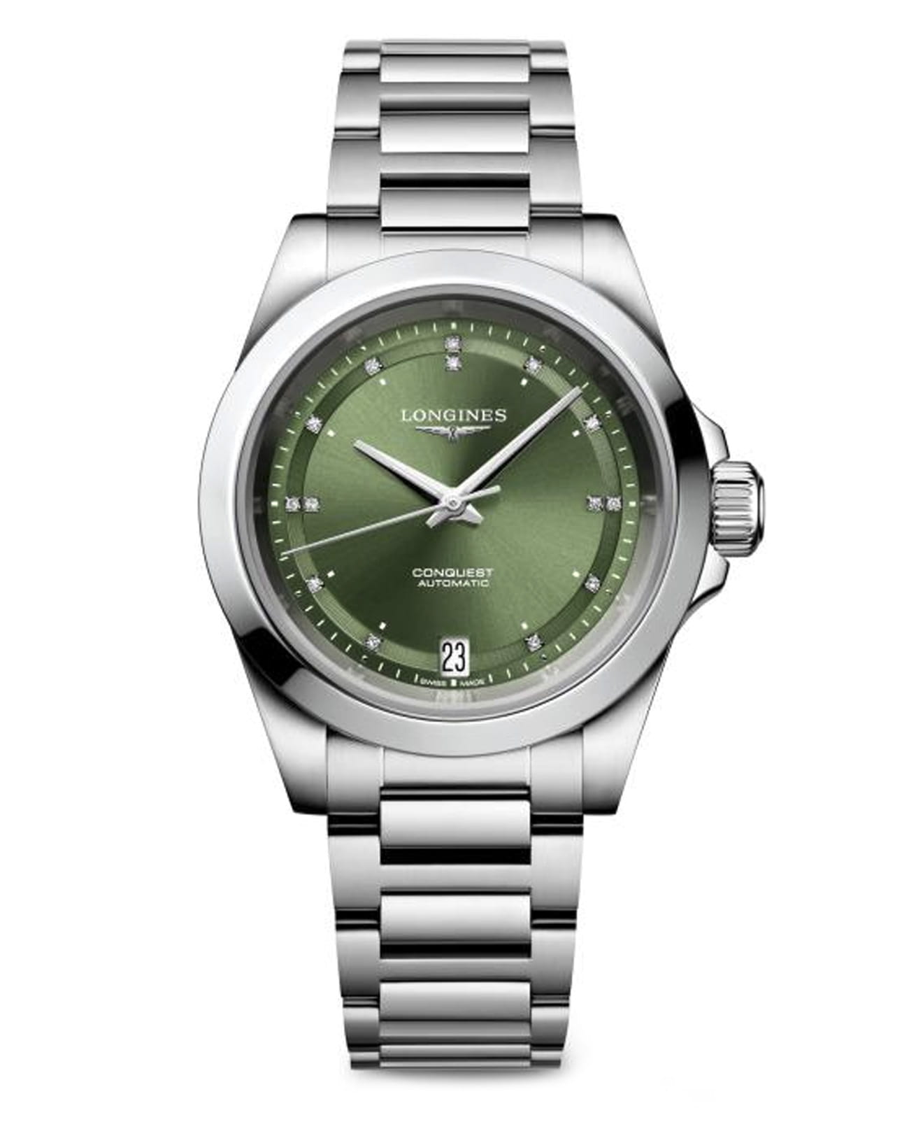 Longines Longines Conquest L3.430.4.07.6  L34304076 механические женские часы зеленый циферблат, браслет нержавеющая сталь — вид спереди