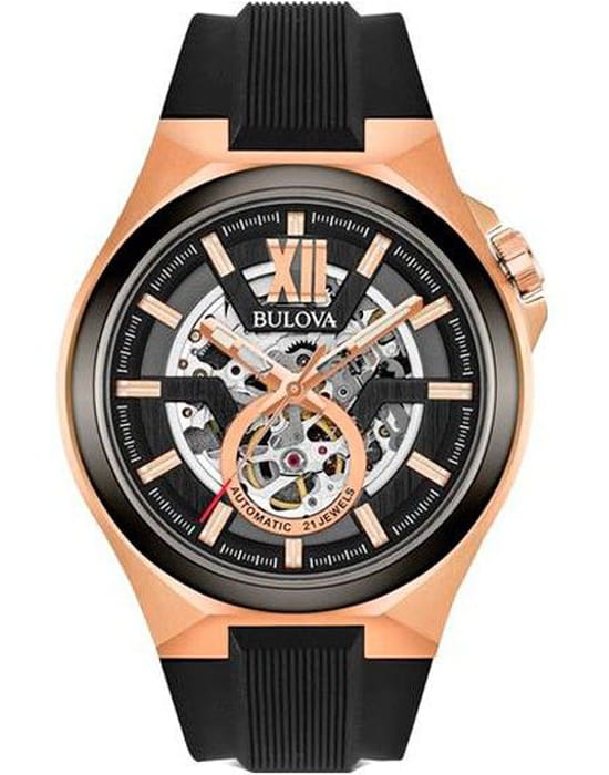 Bulova Bulova Maquina 98A177  98A177 механические мужские часы черный циферблат, браслет каучук — вид спереди