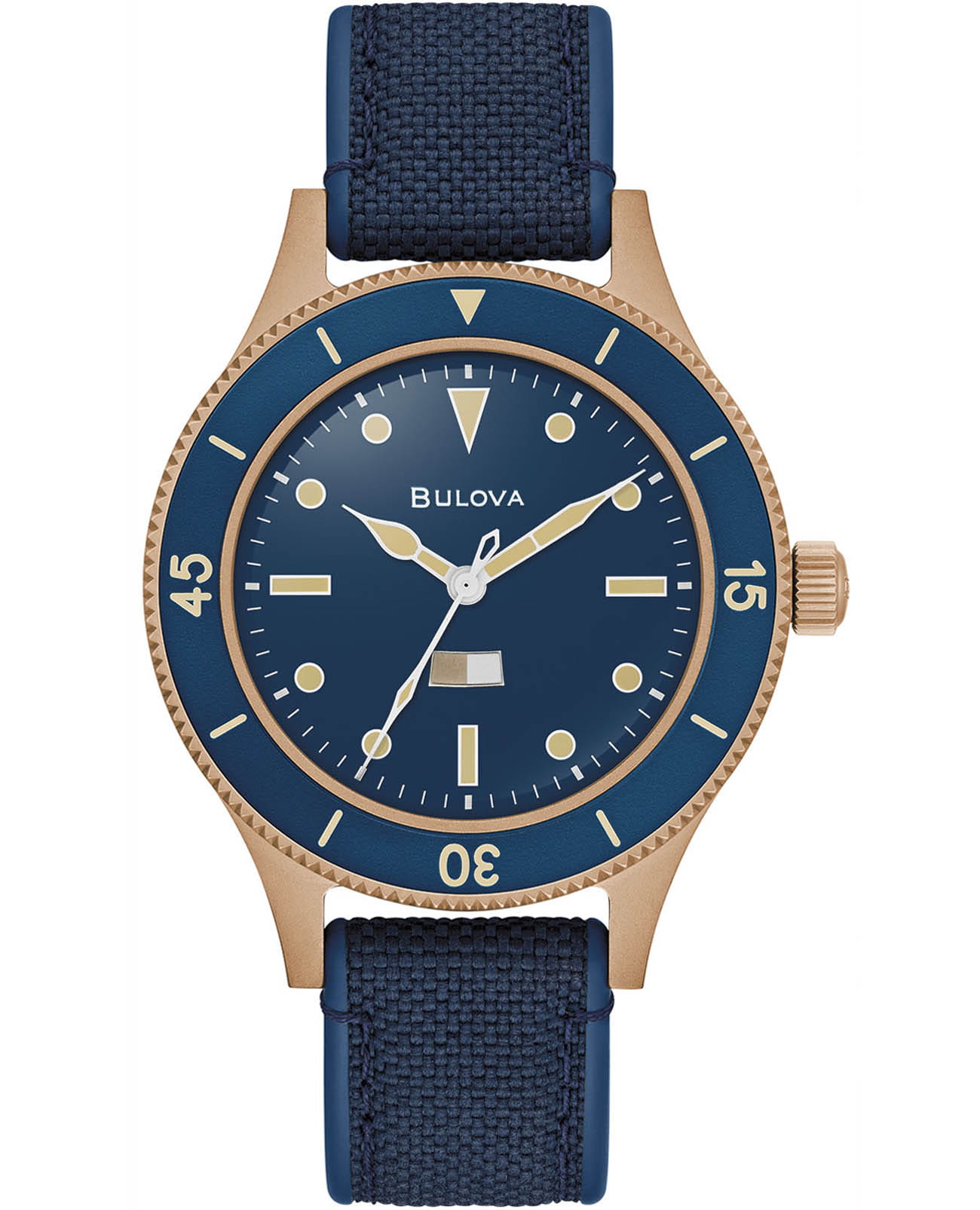 Bulova Bulova Mil-Ships 98A325  98A325 механические мужские часы синий циферблат, браслет нейлон — вид спереди