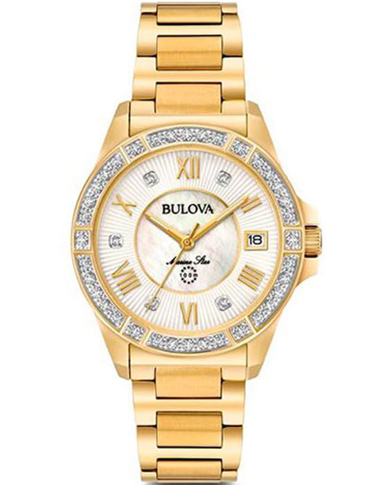 Bulova Bulova Marine Star Ladies 98R235  98R235 кварцевые женские часы перламутровый циферблат, браслет нержавеющая сталь с ip-покрытием — вид спереди