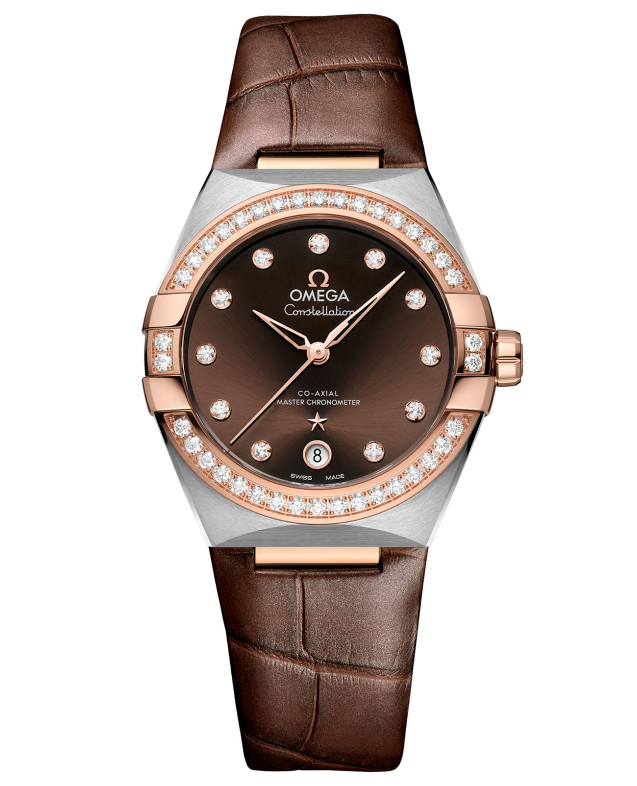 Omega Omega Constellation 131.28.36.20.63.001  13128362063001 механические женские часы коричневый циферблат, браслет кожаный — вид спереди