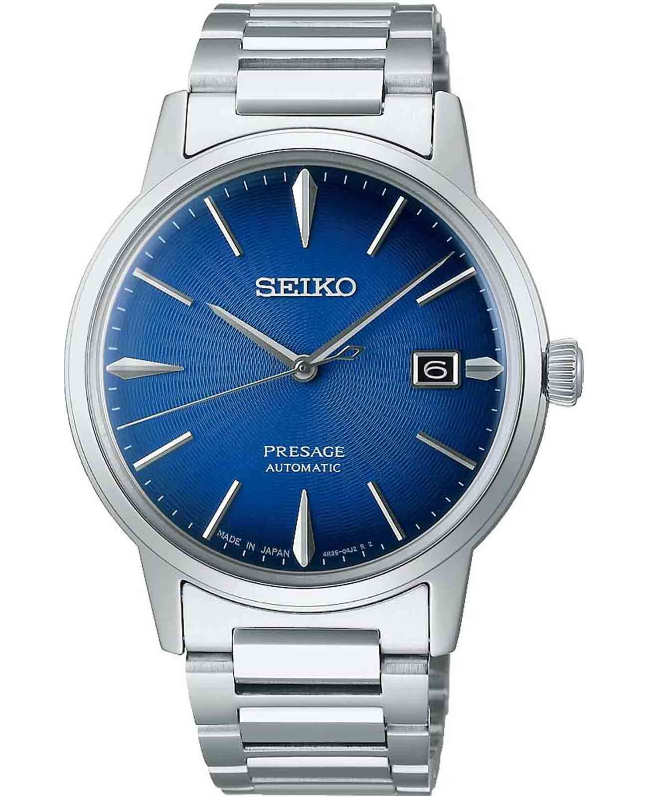 Seiko Seiko Presage SRPJ13J1  SRPJ13J1 механические мужские часы синий циферблат, браслет нержавеющая сталь — вид спереди
