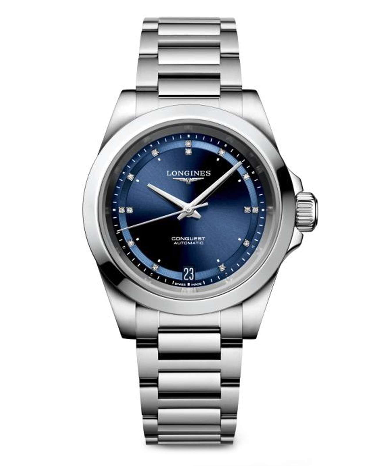 Longines Longines Conquest L3.430.4.97.6  L34304976 механические женские часы синий циферблат, браслет нержавеющая сталь — вид спереди