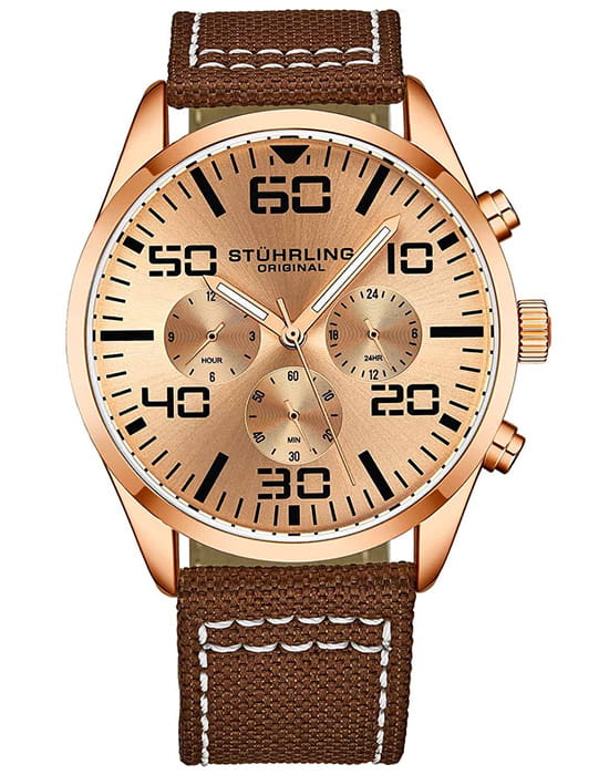 Stuhrling Stuhrling Aviator 4001.5  4001.5 кварцевые мужские часы золотой циферблат, браслет тканевый — вид спереди
